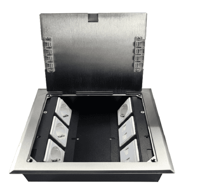 GH-FB215SS stainless steel floor box shown open with six Type-45 module positions