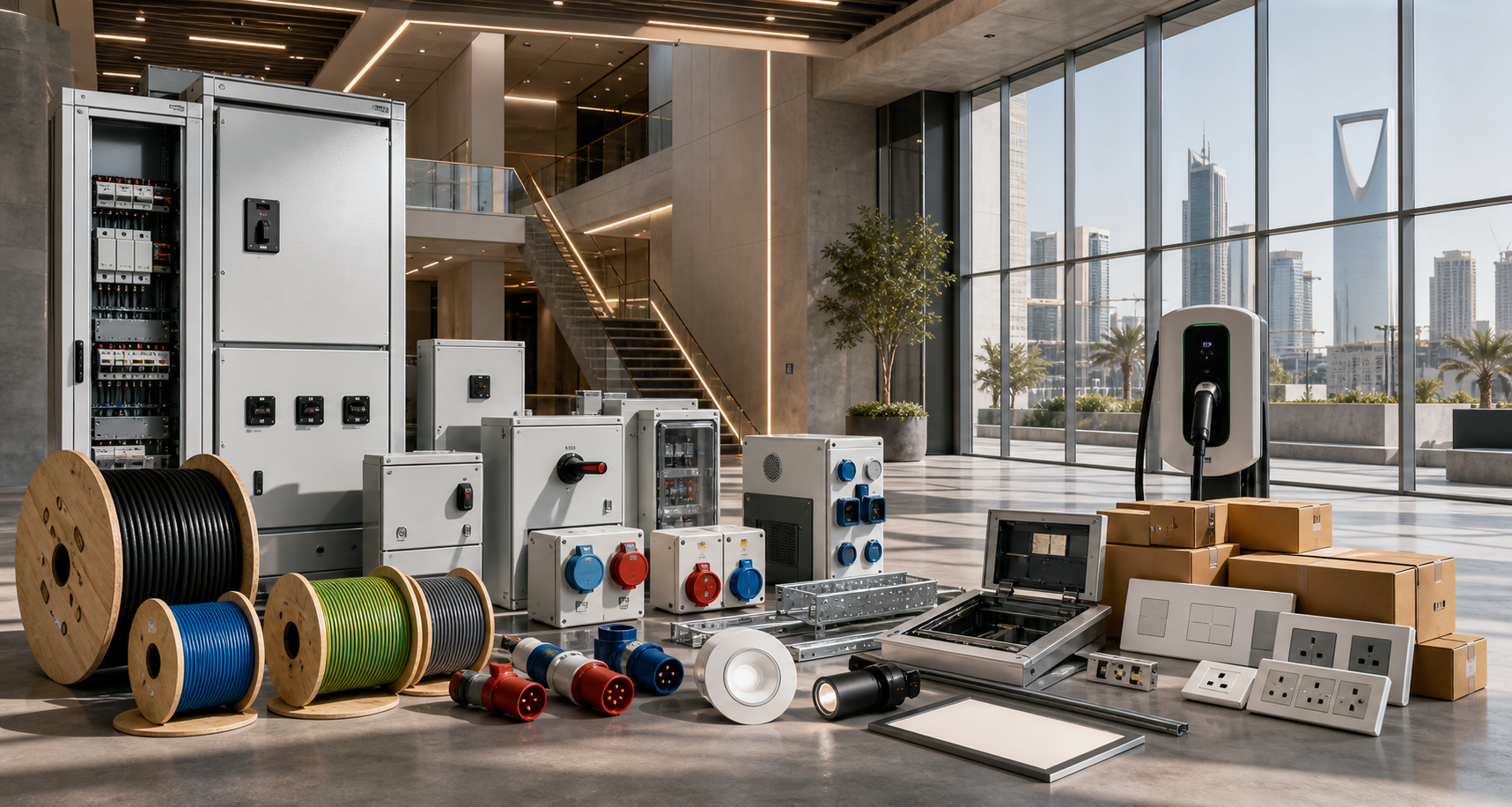 Saudi commercial project supply scene with electrical materials, cable reels, industrial sockets, lighting cartons, floor box components, and EV charger equipment.