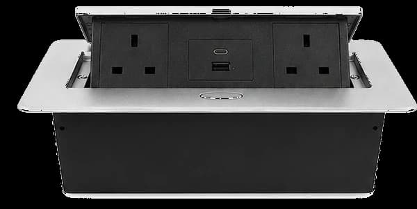 Green Home GH-BST-602UK silver embedded desk socket with two UK outlets USB-A and USB-C charging