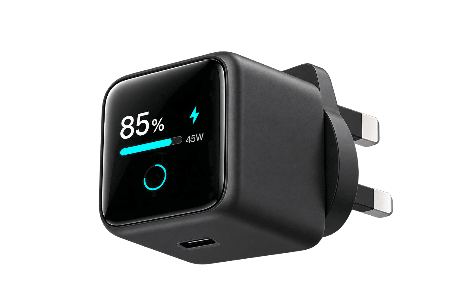 Green Home black 45 watt GaN PD 3.0 smart charger with front smart display and USB-C charging port