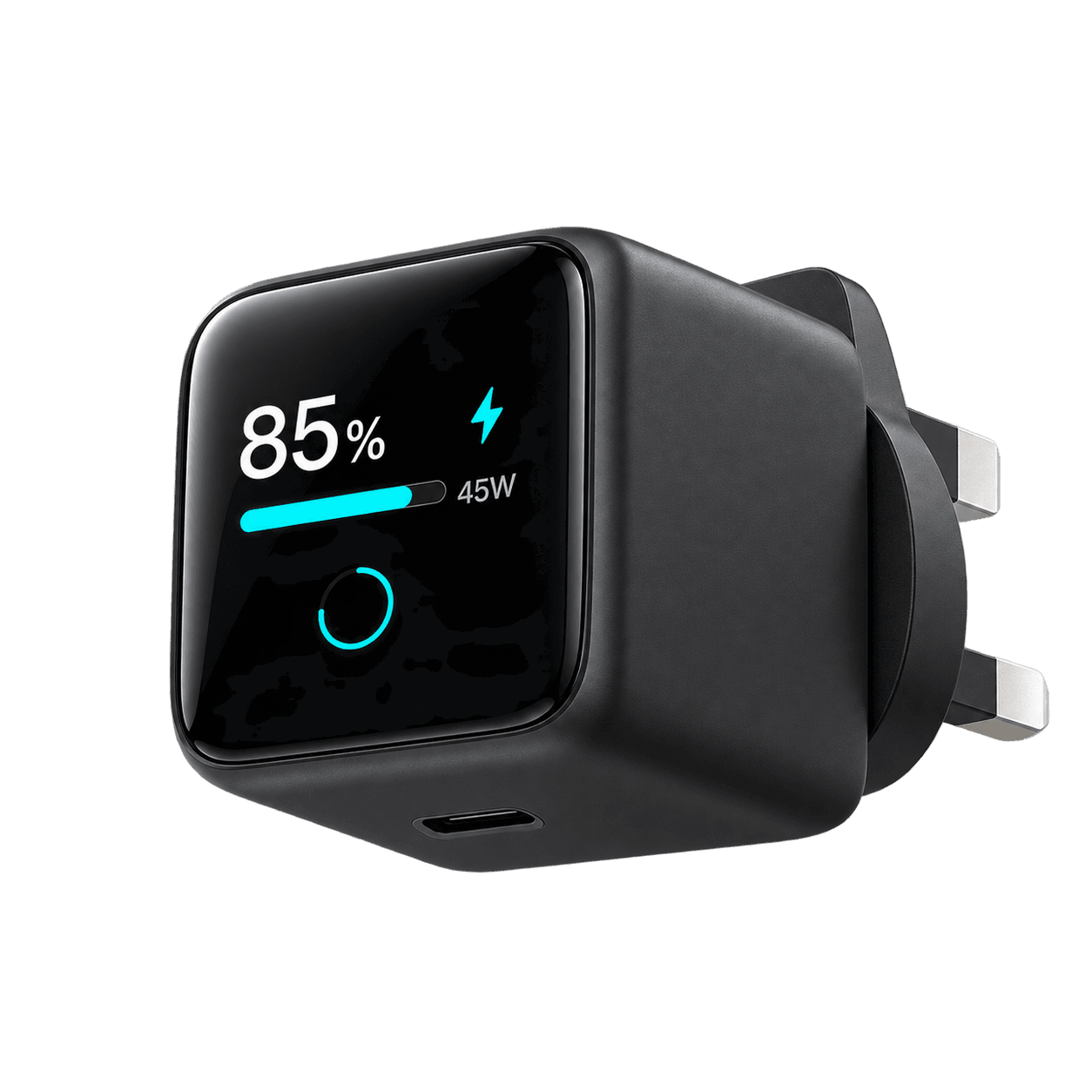 Green Home black 45 watt GaN PD 3.0 smart charger with front smart display and USB-C charging port