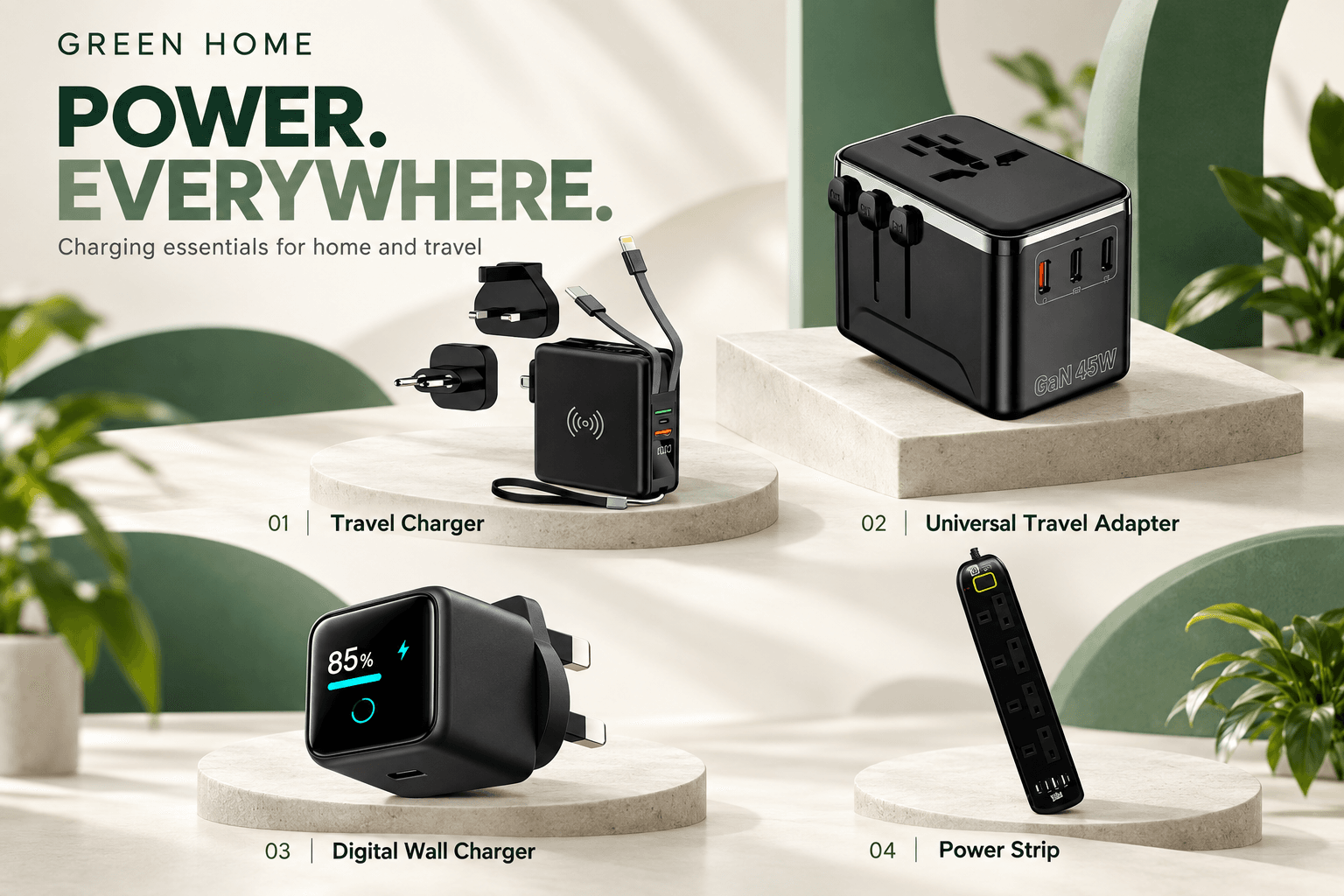 Green Home travel charger, universal travel adapter, digital wall charger and power strip