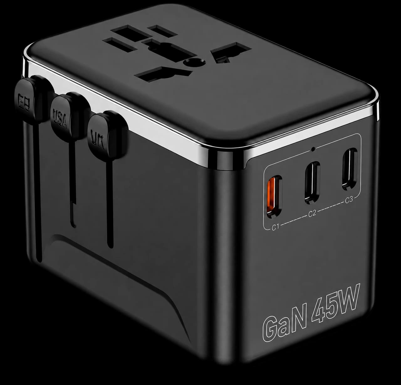 Green Home GH-TS45 BK compact black 45 watt GaN universal travel adapter with multi-country plug system and USB ports