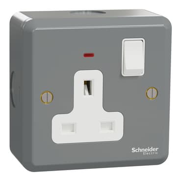 Schneider Electric ESM Metal Clad 1-gang Double Pole Switched Socket with Neon Indicator, ESMT15DN, Grey epoxy finish