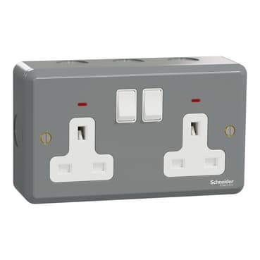 Schneider Electric ESM Metal Clad 2-gang Double Pole Switched Socket with Neon Indicator, ESMT25DN, Grey epoxy finish
