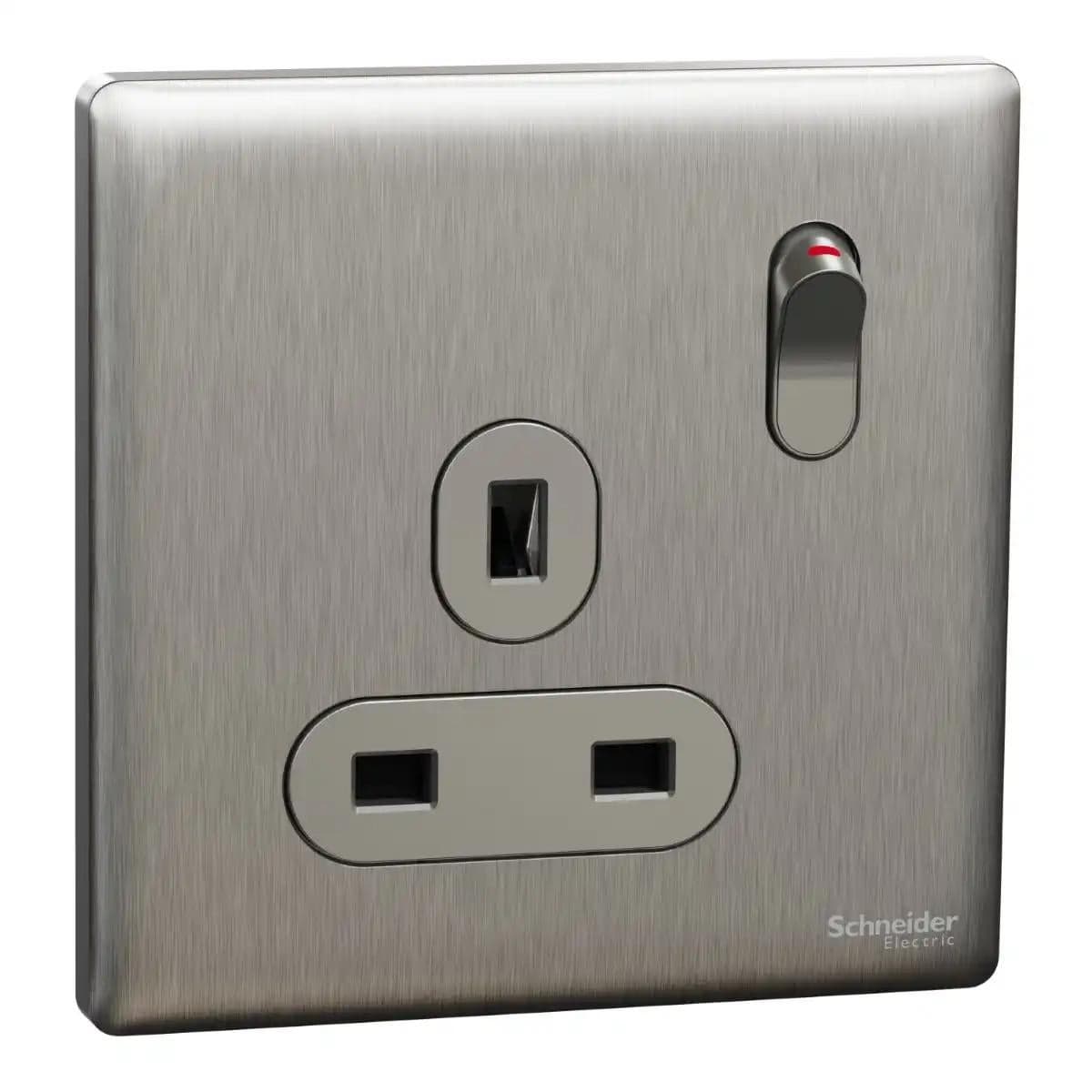 Schneider Electric Switched socket outlet, NUX15D_SS, Stainless steel finish