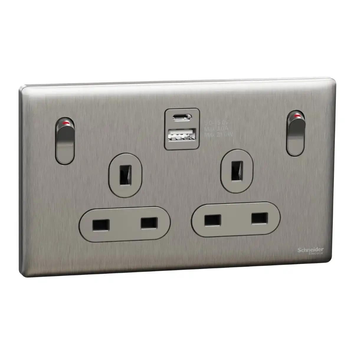 Schneider Electric Switched socket with USB A+C, NUX25DACQUS_SS, Stainless steel finish