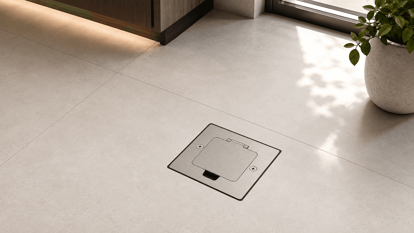 GH-SOP-1 IP44 flip-up mini floor socket installed flush in a finished floor