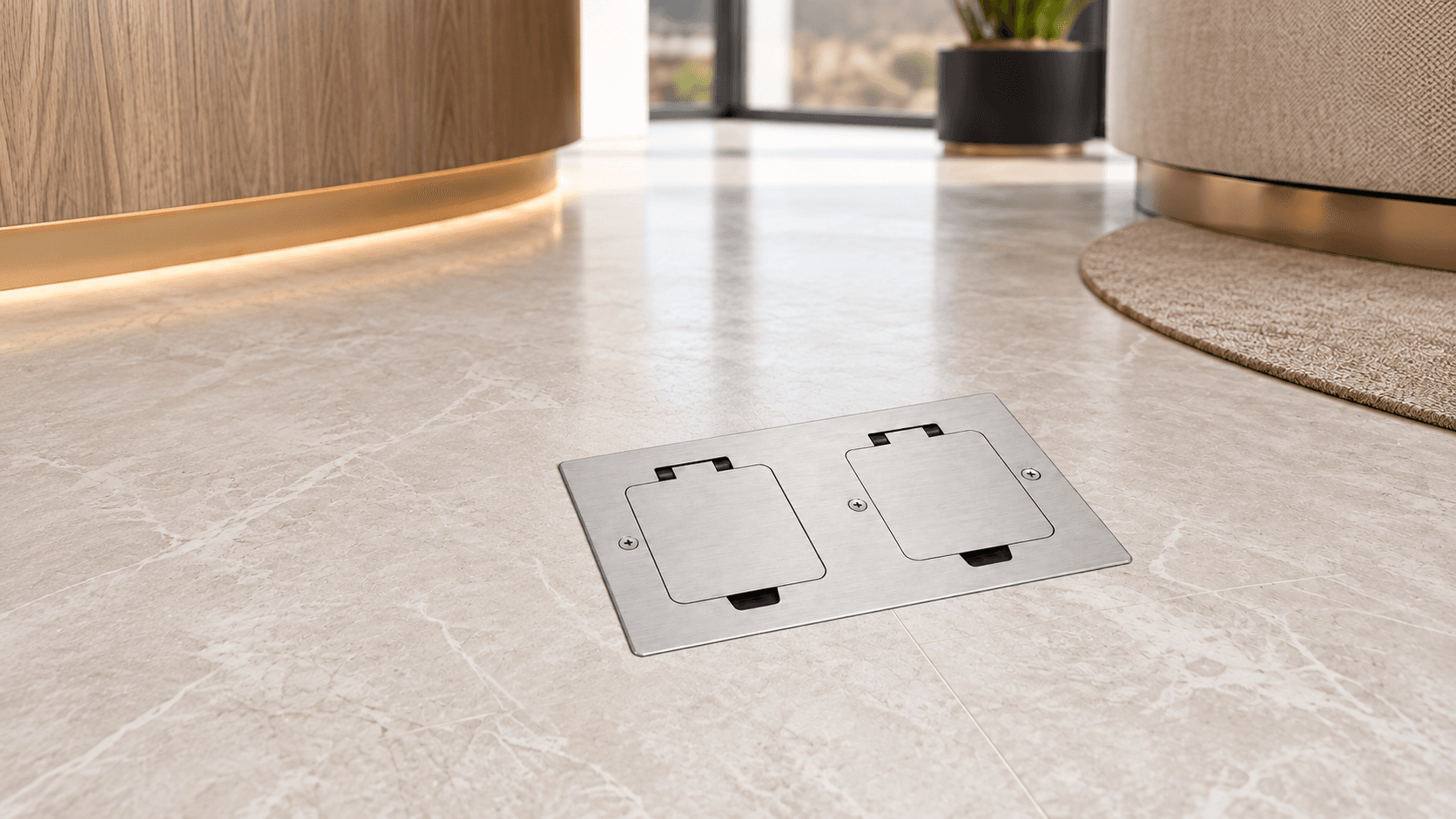 GH-SOP-12 dual flip-up mini floor socket installed flush in a finished floor